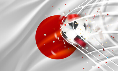 The ball in the soccer net. Goal vector concept with flag of Japan. 3d vector banner with blur effect