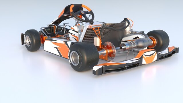 Rear View of a 3D Rendered Illustration of a shifter style Go Kart Isolated on Background.  Tire Logos are Fictitious and translate to fast wheel from Latin. 