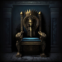 Throne of the Pharaoh. Black room interior in ancient Egyptian style, gold decor, fantasy interior. Ancient Egypt, black interior, gold, night lights, shadows. - obrazy, fototapety, plakaty