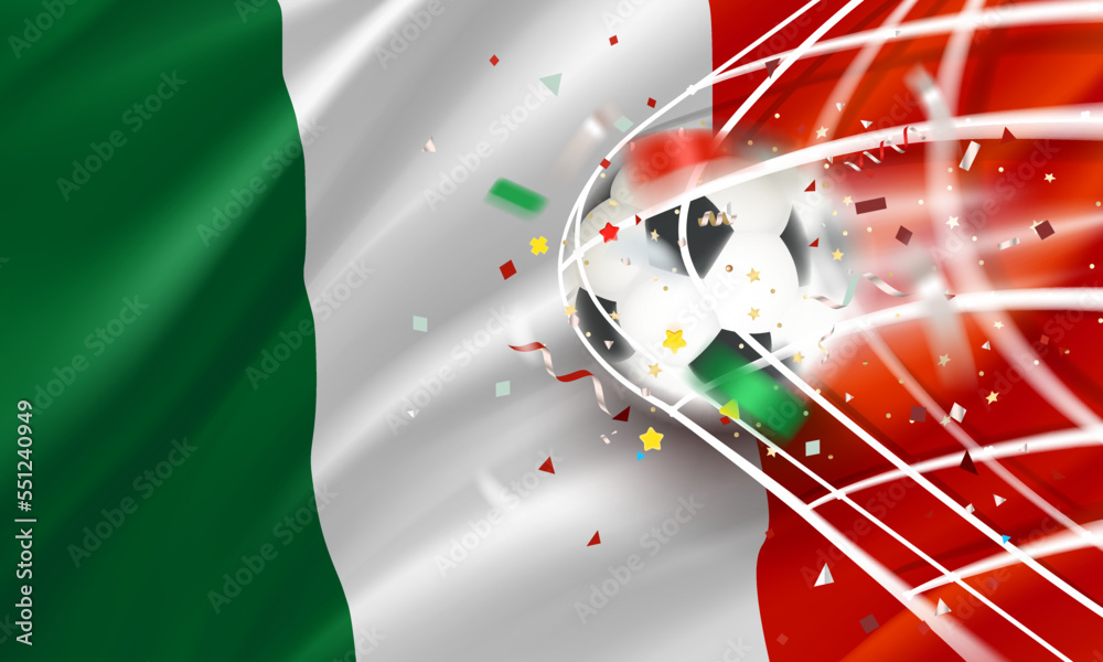 Poster The ball in the soccer net. Goal vector concept with flag of Mexico. 3d vector banner with blur effect