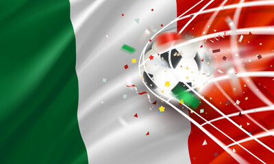 The ball in the soccer net. Goal vector concept with flag of Mexico. 3d vector banner with blur effect