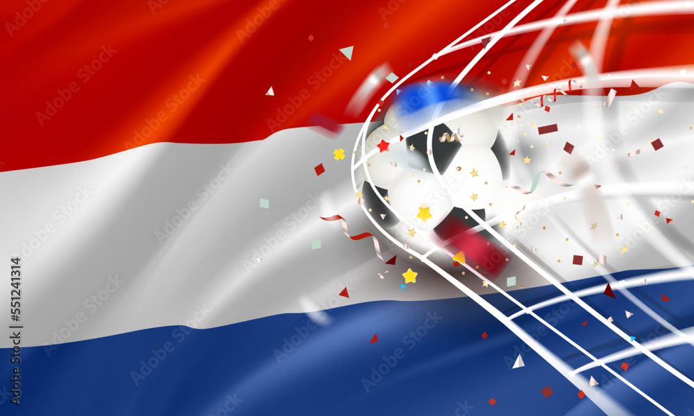 Poster The ball in the soccer net. Goal vector concept with flag of Netherlands. 3d vector banner with blur effect