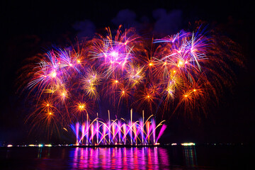 The crowd tourist of Silhouette watching firework isolated display for celebration happy new year and merry christmas on black isolated background