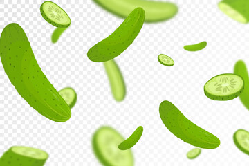 Falling cucumbers isolated on transparent background. Flying whole and sliced cucumbers vegetable with blurry effect. Can be used for advertising, packaging, banner, poster, print. vector flat design