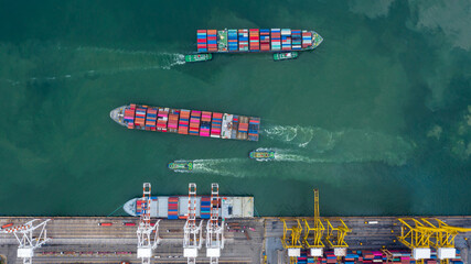 Aerial view container ship transport freight shipping cargo global business logistic import export...
