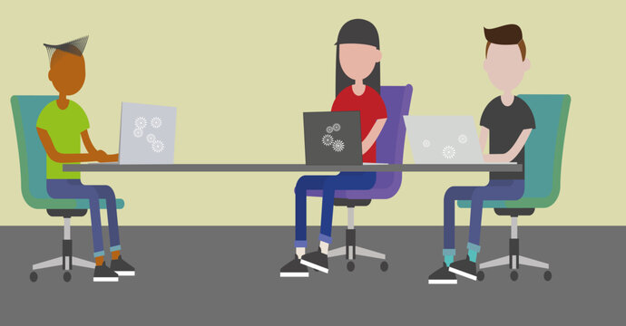 school people sitting at the desk, technology  icons