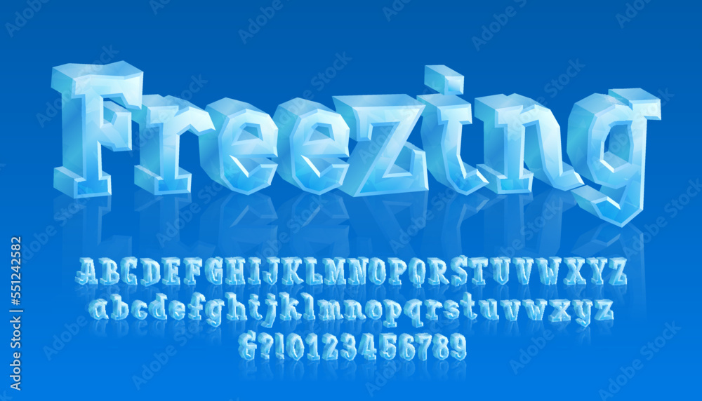 Fototapete freezing alphabet font. 3d cartoon ice letters and numbers with reflections. uppercase and lowercase