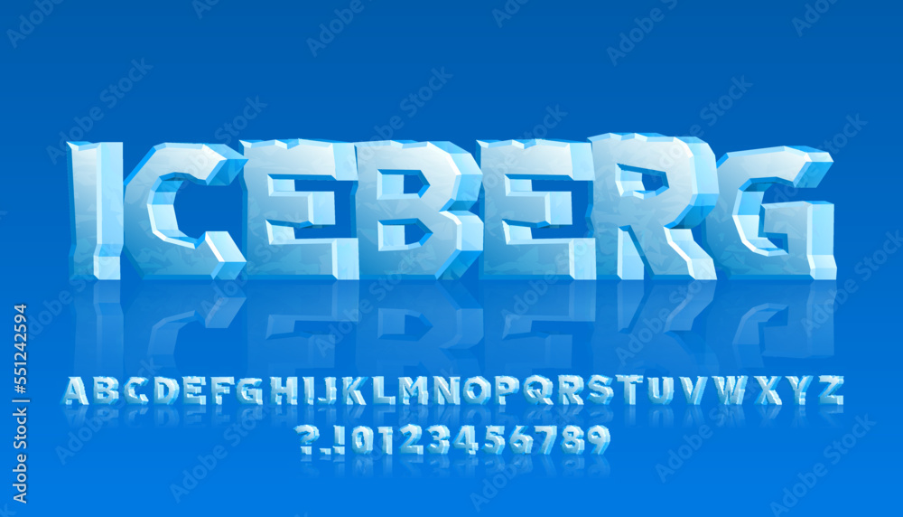 Fototapete iceberg alphabet font. 3d cartoon ice letters and numbers with reflections. stock vector typescript 