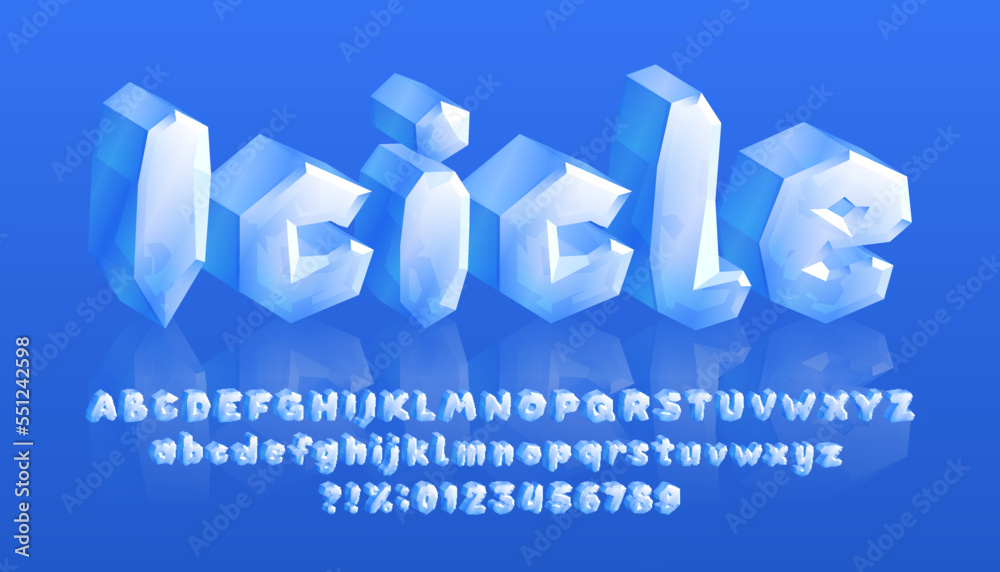 Fototapete icicle alphabet font. 3d cartoon ice letters and numbers. uppercase and lowercase. stock vector type