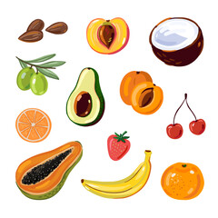 Vector fruits isolated on white background. Avocado, orange, peach, banana, papaya. Fruits and nuts set.  - 551242591