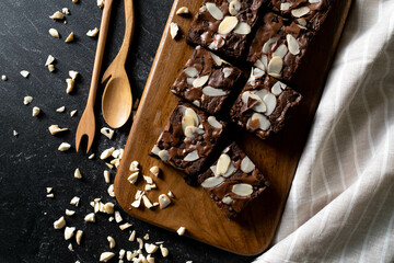 Close-up of homemade chocolate brownies on cutting board