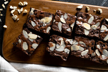 Close-up of homemade chocolate brownies on cutting board