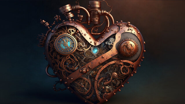 detailed steam punk heart copper, detailed, love,valentine, industrial, isolated on clean dark background,space for text,generative ai