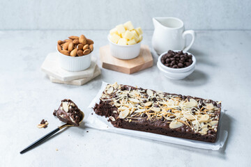 a chocolate brownies on white background, homemade bakery and dessert. Bakery, confectionery concept