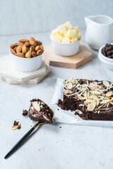 a chocolate brownies on white background, homemade bakery and dessert. Bakery, confectionery concept