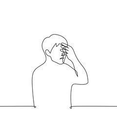 man touching his face with his hand - one line drawing vector. shame, headache or cringe concept