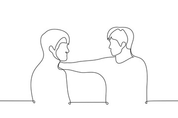 man put his hand on his friend's shoulder and looks into his eyes - one line drawing vector. concept male friendship, emotional support, empathy, kindness