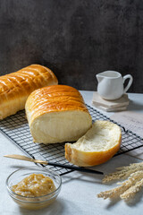 a close up of bread with some slices of bread