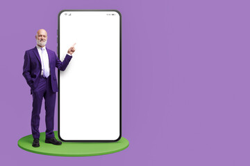 Corporate businessman pointing at smartphone screen