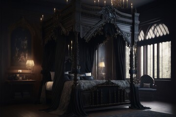 luxury black bedroom with a big royal bed, interior, castle, modern, rich, clean, castle, empty, atmospheric, generative ai - obrazy, fototapety, plakaty