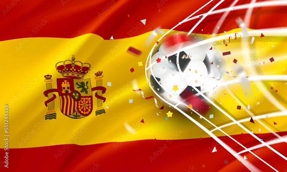 Poster The ball in the soccer net. Goal vector concept with flag of Spain. 3d vector banner with blur effect