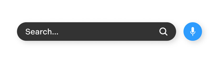 Obraz premium Search bar with round corners. Internet browser engine with search box, address bar and text field. UI design, website interface element with web icons and push button. Dark mode. Vector illustration