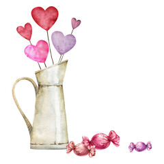 Watercolor hand drawn composition, bouquet of hearts in jug and bonbons for Valentine's day. Isolated on white background. Design for paper, love, greeting cards, textile, print, wallpaper, wedding