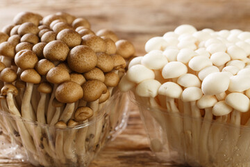 White and brown beech mushrooms or Shimeji mushroom in plastic container closeup on wooden table. Horizontal