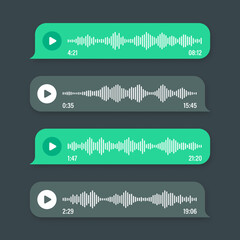 Voice, audio message, green speech bubble. SMS text frame. Social media chat or messaging app conversation. Voice assistant, recorder. Sound wave pattern. Dark mode. Vector illustration