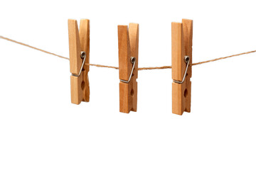 3 wooden clothespins on a rope, png file