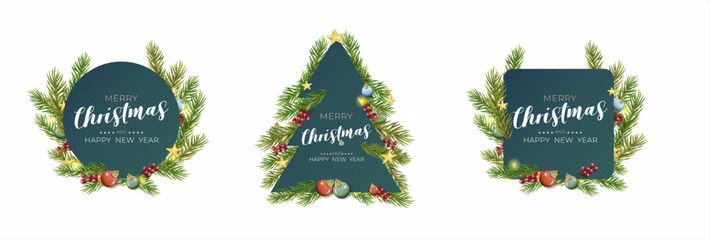 Christmas card with different shapes and fir branches on a dark background. Vector illustration - 551244992