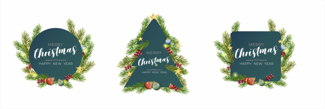 Christmas card with different shapes and fir branches on a dark background. Vector illustration