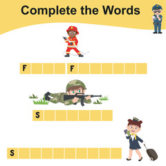 What letters are missing? Complete the missing words. Educational Word Game worksheet. Writing practice for children. Vector illustration file. 