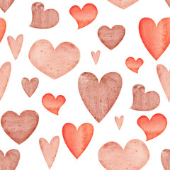 Watercolor hand drawn seamless pattern of red, pink and beige hearts for Valentine's day. Isolated on white background. Design for paper, love, greeting cards, textile, print, wallpaper, wedding