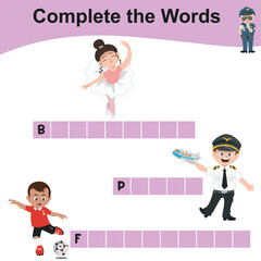 What letters are missing? Complete the missing words. Educational Word Game worksheet. Writing practice for children. Vector illustration file. 