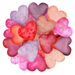 Obraz premium Watercolor hand drawn composition, circle of red and purple hearts for Valentine's day. Isolated on white background. Design for paper, love, greeting cards, textile, print, wallpaper, wedding