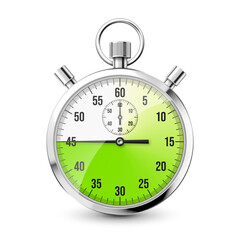 Realistic classic stopwatch icon. Shiny metal chronometer, time counter with dial. Green countdown timer showing minutes and seconds. Time measurement for sport, start and finish. Vector illustration