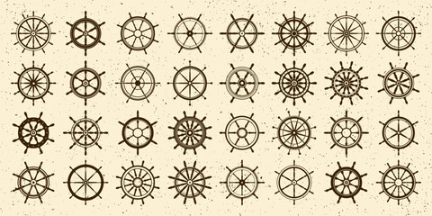 Collection of grunge vintage steering wheels. Ship, yacht retro wheel symbol. Nautical rudder icon. Marine design element. Vector illustration