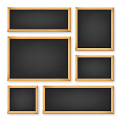 Realistic various chalkboards in a wooden frame. Black restaurant menu board. School blackboard, writing surface for text or drawing. Blank advertising or presentation boards. Vector illustration