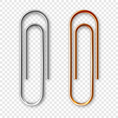Realistic copper and steel paperclips attached to paper. Shiny metal paper clip, page holder, binder. Workplace office supplies. Vector illustration
