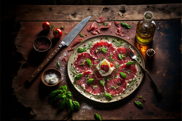Obraz na płótnie Canvas delicious carpaccio dish in a rustic traditional Italian kitchen