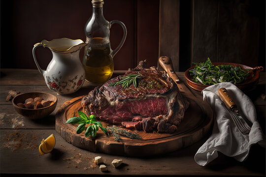 a slab of sliced and freshly cooked bistecca alla fiorentina in a rustic italian kitchen