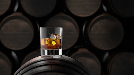 Glass of whiskey with ice cubes on the wooden barrel with wooden background. High quality 3d illustration