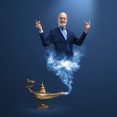 Businessman coming out from a magic lamp