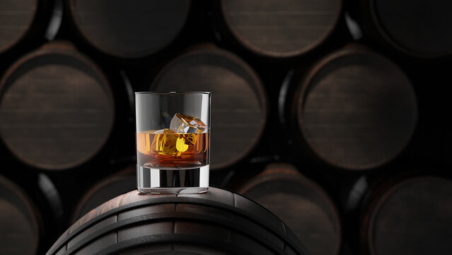 Glass of whiskey with ice cubes on the wooden barrel with wooden background. High quality 3d illustration