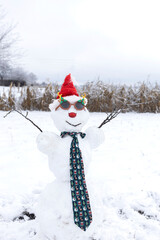Snowman in Santa's hat, carnival glasses and New Year's tie. Holiday season of Christmas holidays, children's winter games with snow, positive, humor, winter fun
