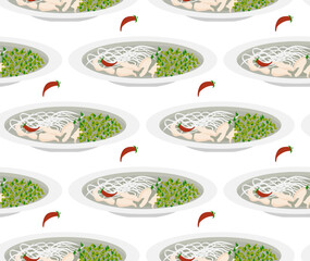 Pho Soup. Vietnamese chicken soup. Seamless pattern in vector. Asian food.