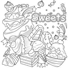 Sweets doodle coloring page. Vector illustration