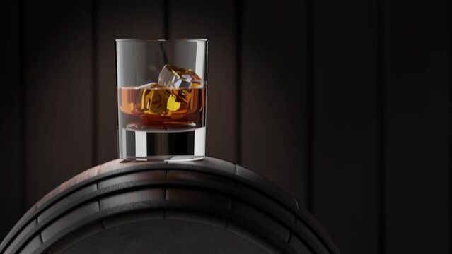 Glass of whiskey with ice cubes on the wooden barrel with wooden background. 3d rendered video