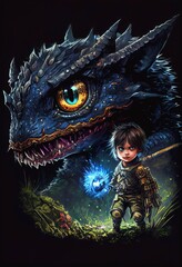 Obraz na płótnie Canvas awesome epic powerful intimidating awe-inspiring breathtaking formidable imposing mindblowing unbelievable monster giving gift to tiny human, cute, heartwarming, adorable, generative ai